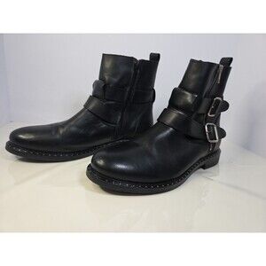 Avellini Black Portuguese Leather Zip Up Ankle Boot EU 41 Biker Buckle Crystals
